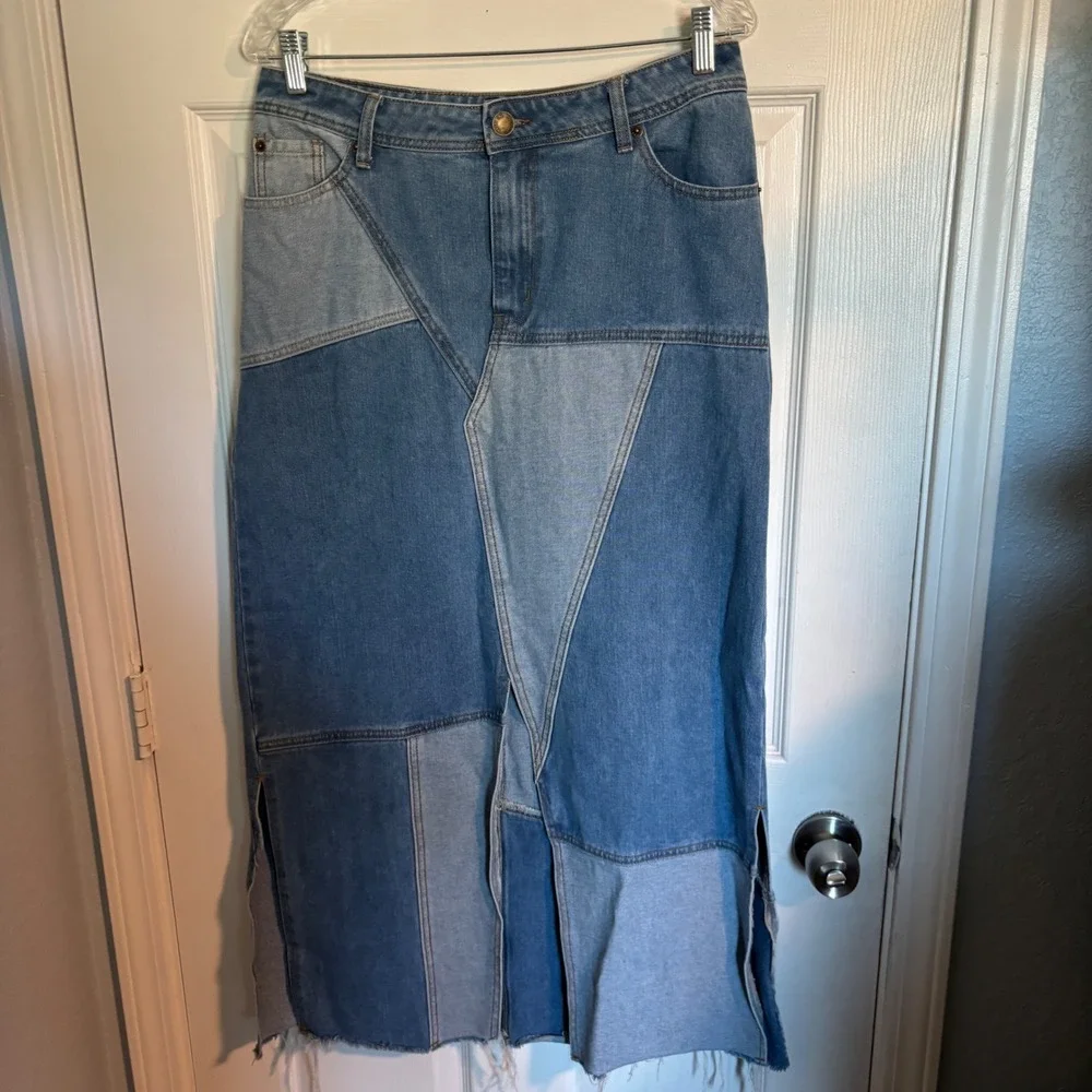 Nasty Gal Boho Western Festival Patchwork Denim Raw Hem Side Slit Midi Skirt 10 - Picture 2 of 15